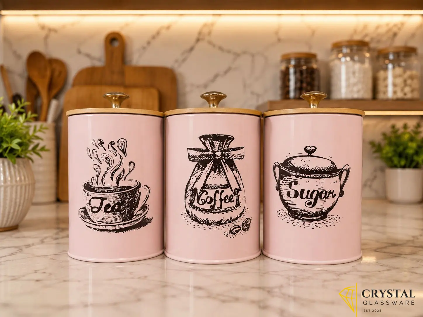  Miaomiaoco 3-piece vintage farmhouse canister set features a pastel pink finish with black labeled graphics 